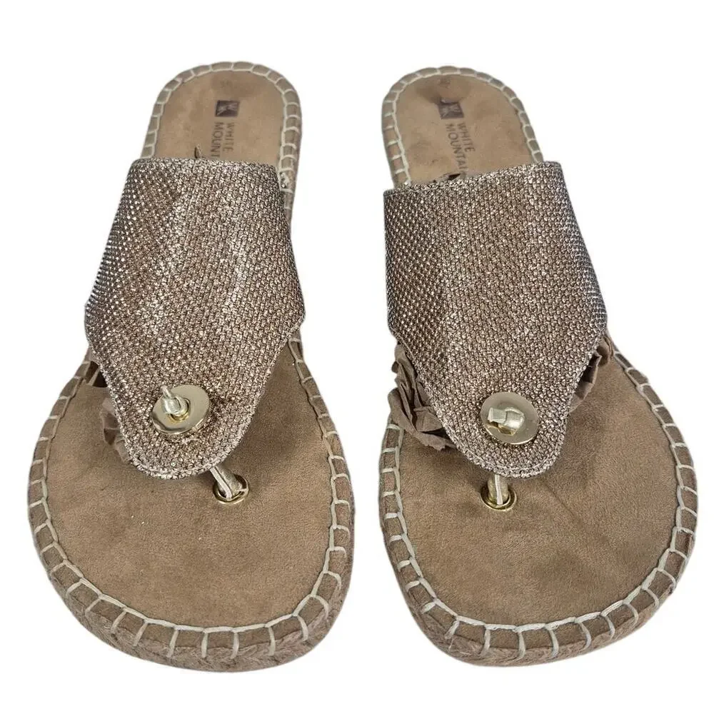 White Mountain Beachball Gold Metallic Wedge Thong Sandals Rope/Stitch Sz 9